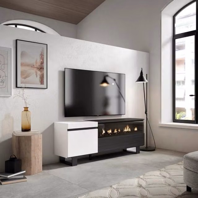 Mobile TV Soggiorno, 150x35x57cm, Per TV fino a 65", Camino elettrico, Design industriale, Bianco e nero RF2461