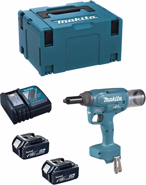 Rivettatrice Makita DRV250RTJ con 2 batterie da 5,0 Ah, caricabatterie DC18RC e sistema di trasporto Makpac 3 – 1