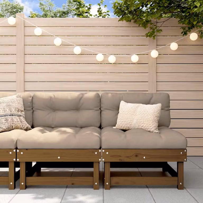 Set di 2 divani centrali con cuscini vidaXL in legno massello di pino color ambra e beige per giardino o terrazzo