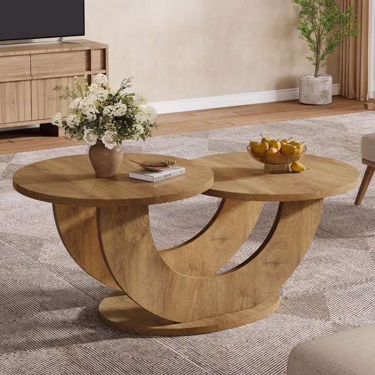 Tavolino rotondo in stile rustico, con due ripiani, realizzato in MDF, ideale per il soggiorno