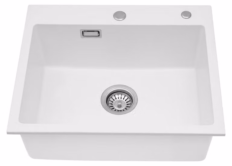 Lavello da incasso 55 x 45 cm, bianco, in quarzo, completo di kit di scarico