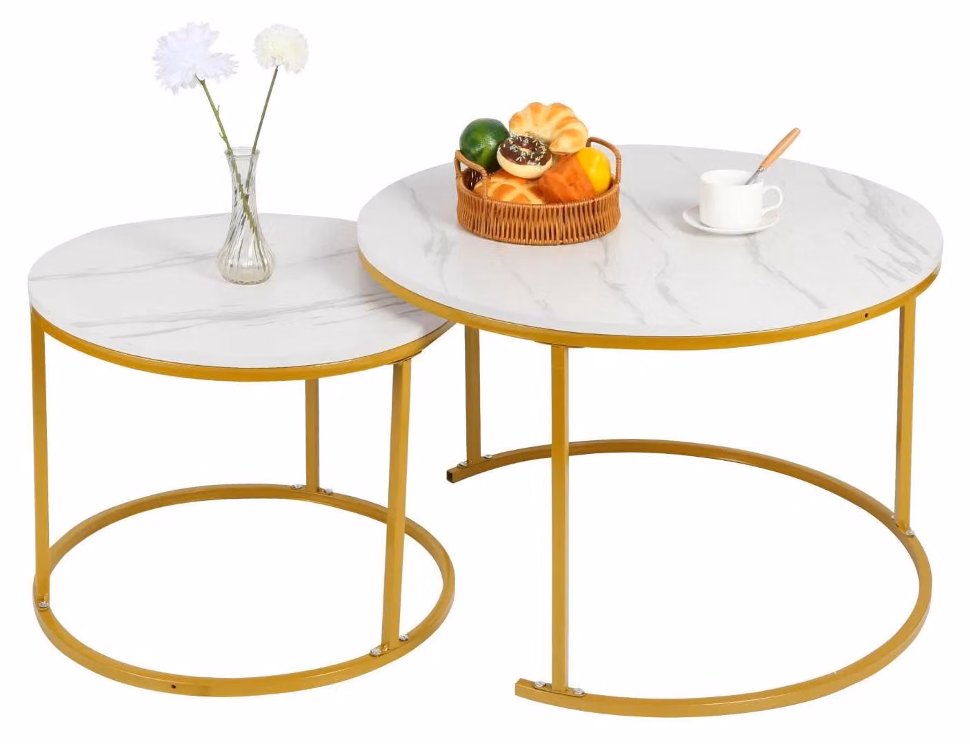 Set di tavolini rotondi - Tavolino da salotto e tavolino laterale, 2 pezzi - Set di tavolini moderni per divano - Struttura in metallo - Adatto per soggiorno, camera da letto, balcone - Avorio