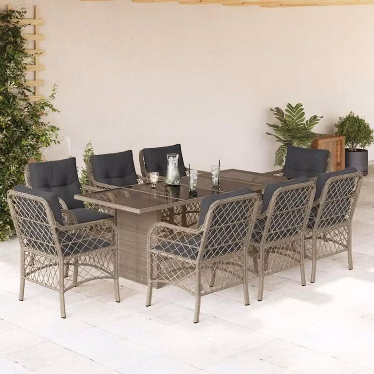 Set Pranzo da Giardino vidaXL in Polyrattan con Cuscini e Tavolo in Vetro, 9 Pezzi, Grigio Antracite