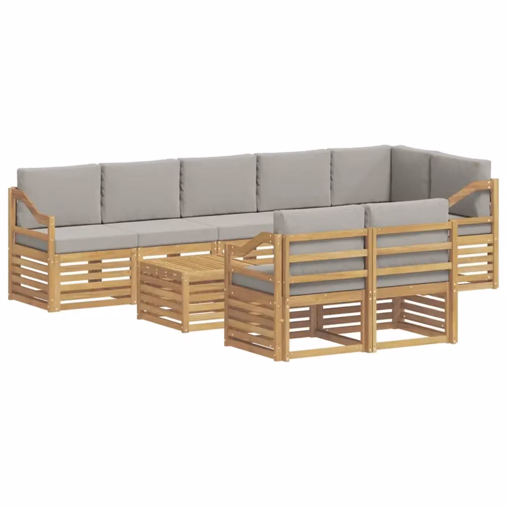Set di divani da esterno a L vidaXL composto da 9 pezzi con tavolino da caffè, in legno di acacia e tessuto resistente ai raggi UV, Bianco e Grigio – 2