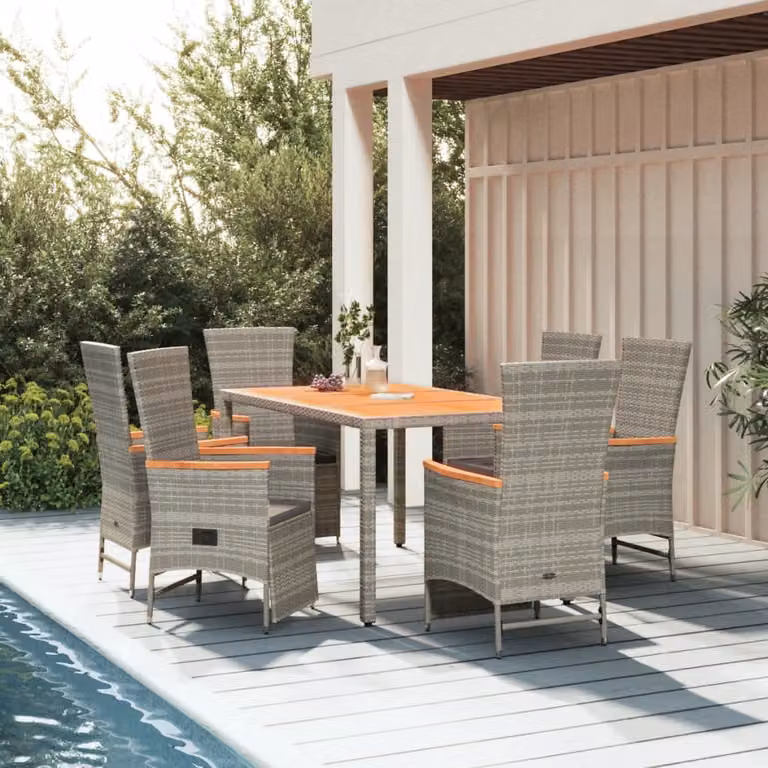 Set da pranzo da giardino vidaXL in polyrattan e legno di acacia grigio con 7 pezzi e cuscini