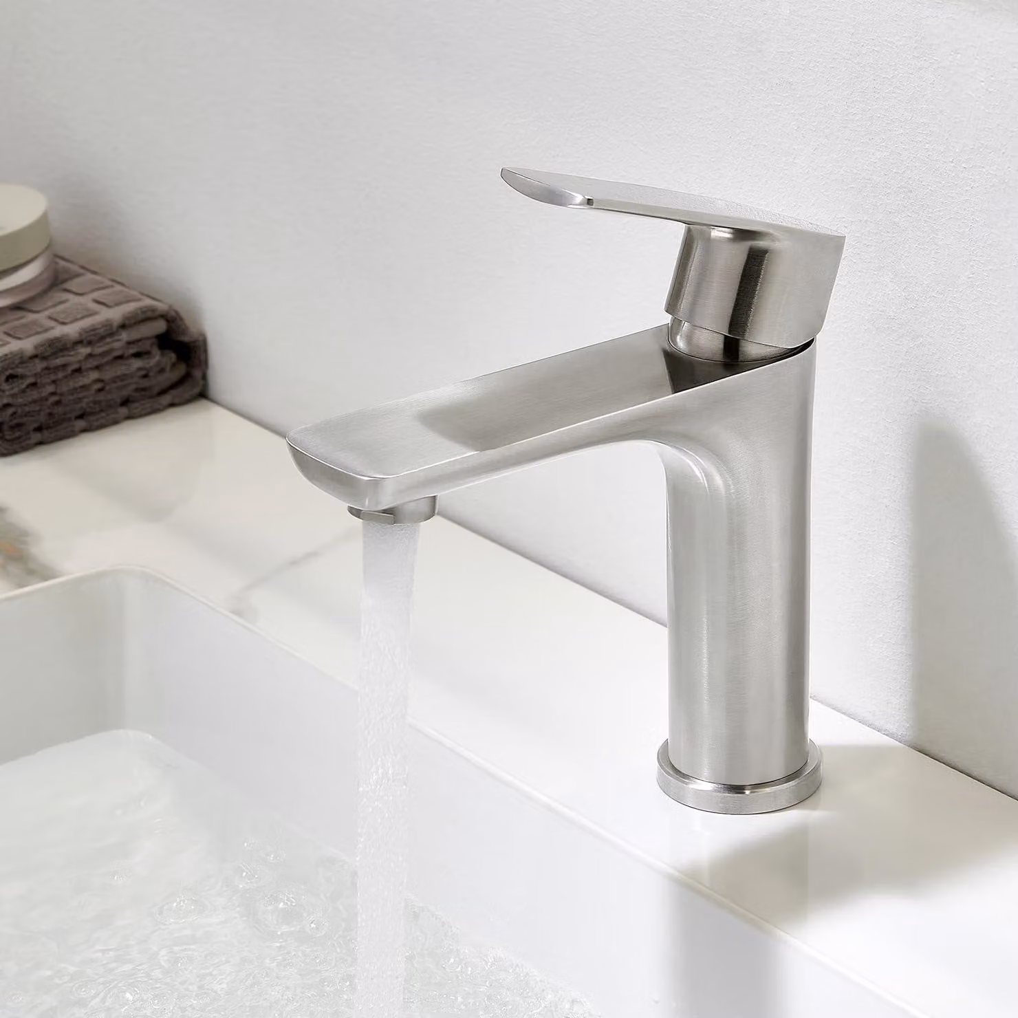 Rubinetto per lavabo, in acciaio inossidabile spazzolato, monocomando, con gruppo di scarico