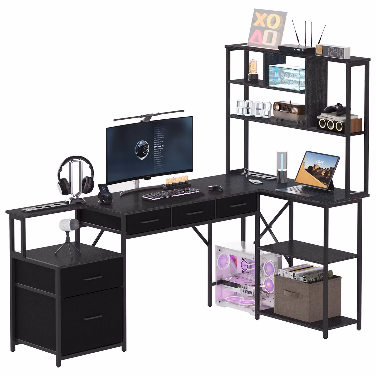 AIORBER Scrivania angolare a L con mensola per monitor e presa multipla, scrivania per computer con 4 cassetti per l'ufficio in casa, scrivania da ufficio robusta, nera