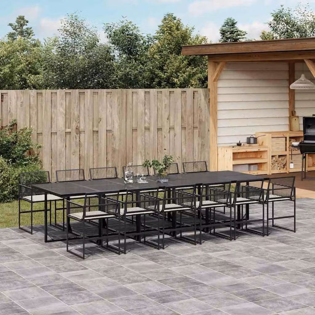 Set da pranzo da giardino vidaXL in polyrattan nero con cuscini e piano in vetro, 13 pezzi