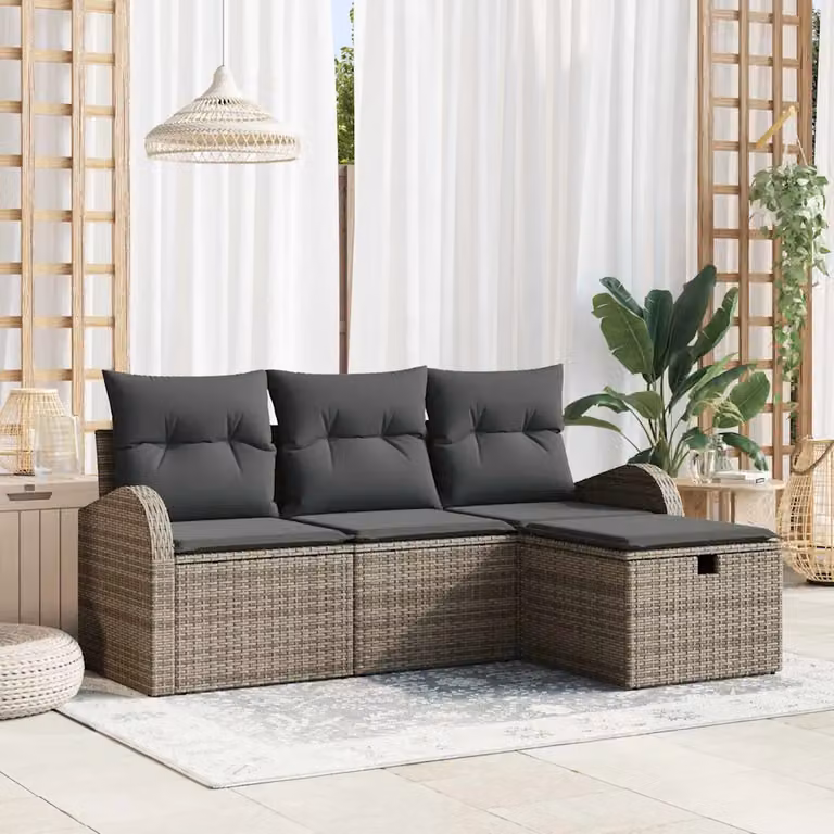 Set di divani da giardino vidaXL a forma di L in polyrattan grigio con cuscini inclusi