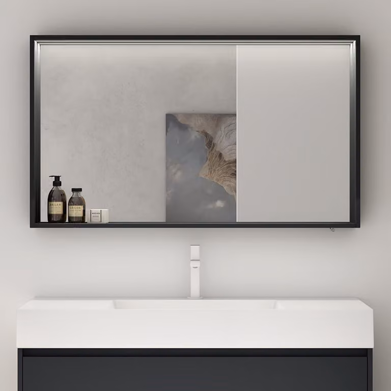 doporro Armadietto a Specchio con Luce 120x12x70cm, Specchio da Parete con Luce LED e Ripiano in Legno Antracite Opaco Spiegelschrank-01