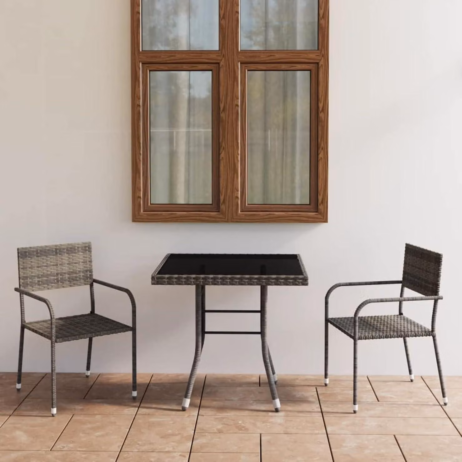 Set da pranzo per esterno, composto da 3 pezzi, per 2 persone, in rattan sintetico, colore antracite/grigio, con tavolo di 80 cm di lunghezza