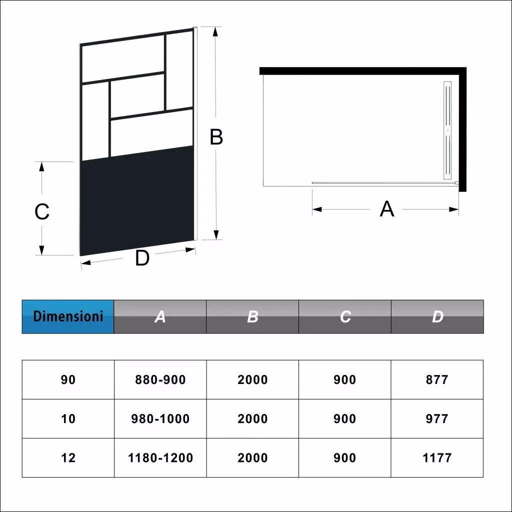 Doccia Walk In Aica Italy con Parete Fissa in Vetro Temperato da 8 mm, Semitrasparente con Riquadri Nero Serigrafato, L: 100 cm, H: 200 cm – 2