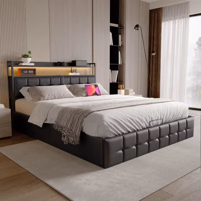 Letto contenitore imbottito con testiera LED ¨C Minimal ¨C similpelle nero 160x200cm