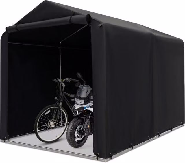 Capanno di stoccaggio Design Mania per biciclette e motociclette con porta a rullo, Grigio scuro e Nero, L/P/H: 160 x 218 x 164 cm – 1