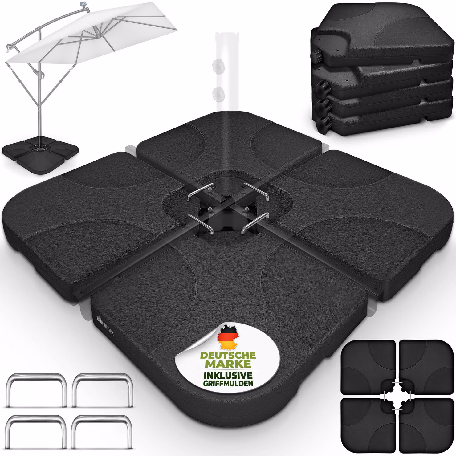tillvex® Supporto per ombrellone nero 60 litri / 80 kg - 4 pezzi per ombrellone a sbalzo incl. connettore in metallo | peso dell'ombrellone riempibile con acqua o sabbia | supporto per ombrellone a sbalzo resistente alle intemperie