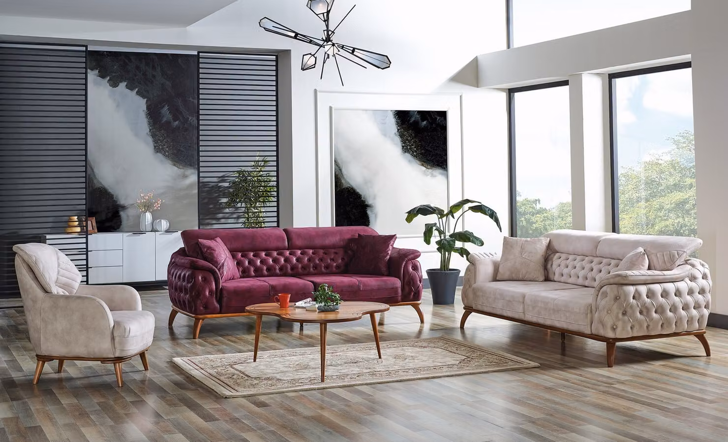 Sofagarnitur 3+3+1 Sitzer Chesterfield Modern Stil Garnitur Set 3tlg. Sofa Relax