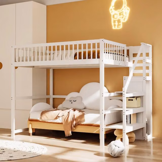 Letto a soppalco per bambini 140 × 200 cm con scala contenitore e armadio, senza materasso, in legno bianco