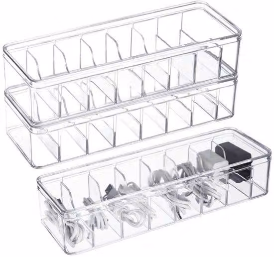 Scatola per la gestione dei cavi - Contenitore in plastica per cavi - Trasparente - Set da tre - Coperchio - 26*10*6 cm - Trasparente - Scatola per la gestione della rete