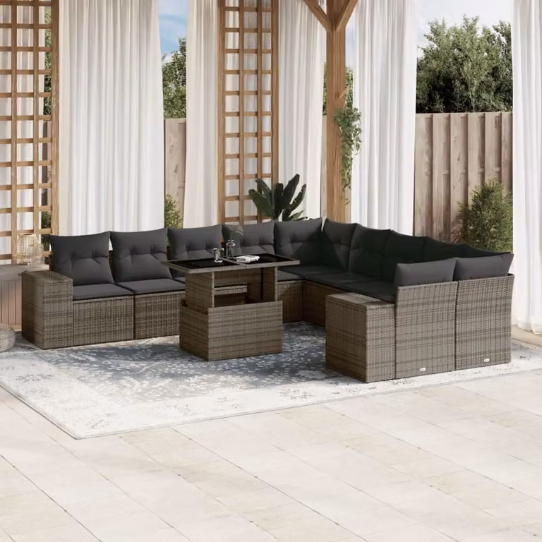 vidaXL Set Divani da Giardino 11 pz a Forma a L in Polyrattan Grigio con Cuscini e Tavolino