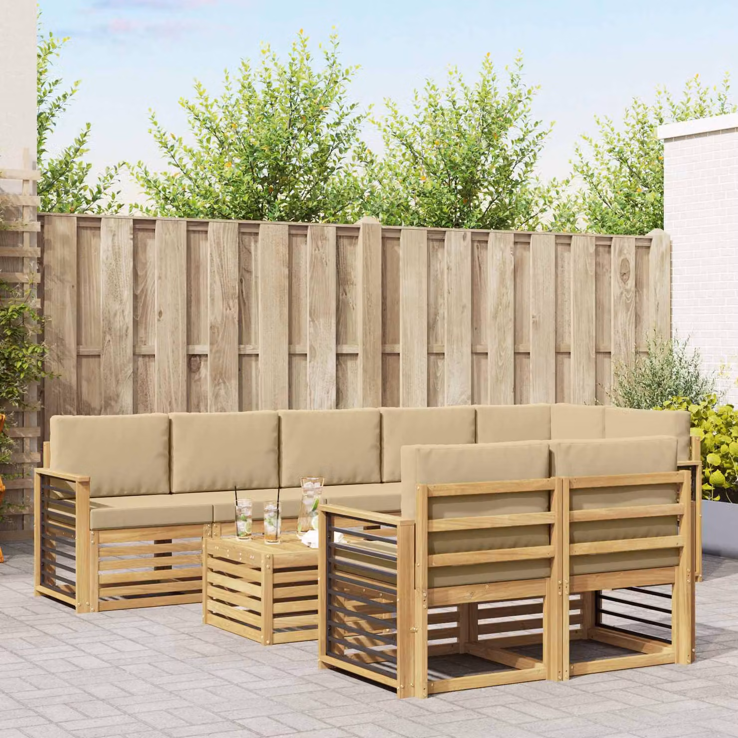 Set di divani da esterno vidaXL 9 pz in legno di acacia con tavolo da caffè e cuscini, design moderno a L, colori bianco, beige e marrone