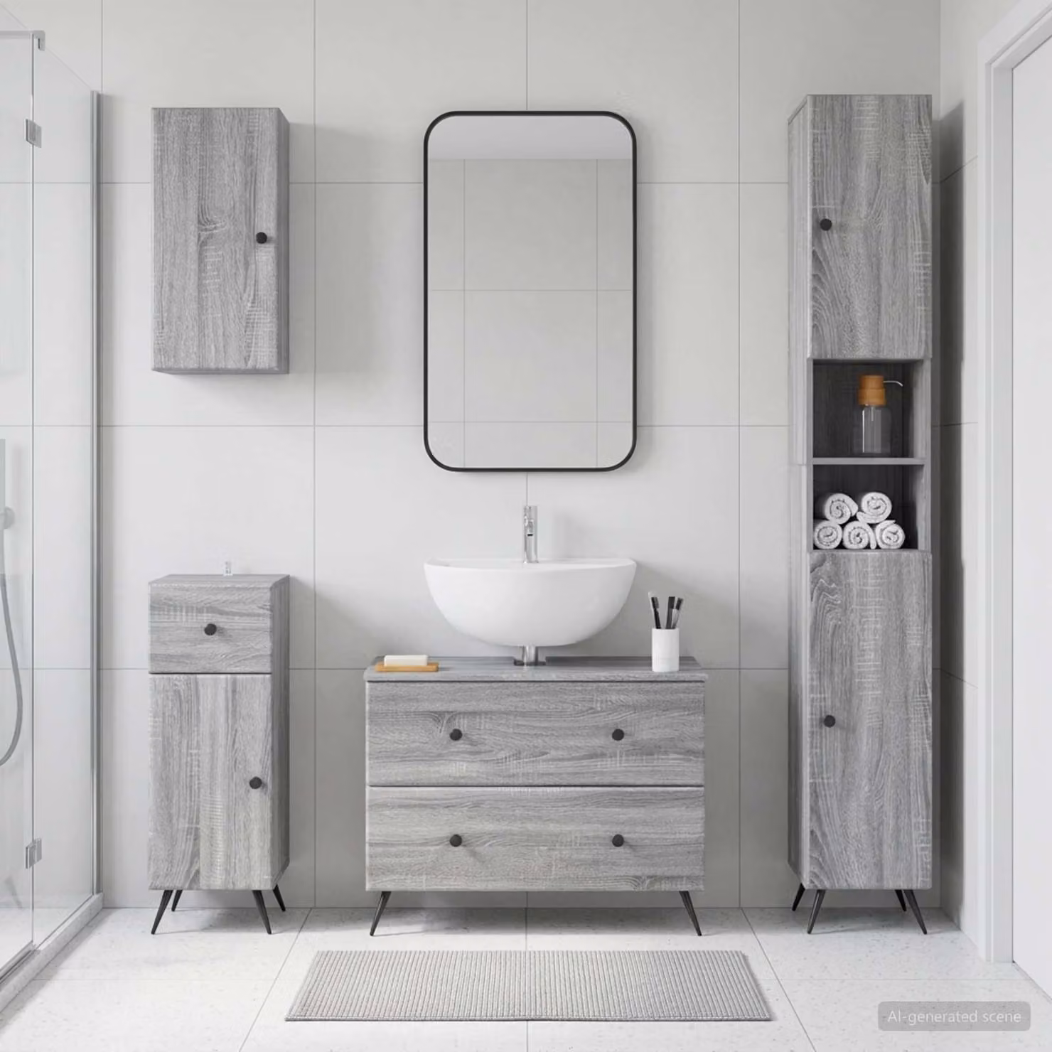 Set di mobili da bagno 4 pezzi vidaXL BREDA Sonoma grigio moderno con vanità e pensili a muro
