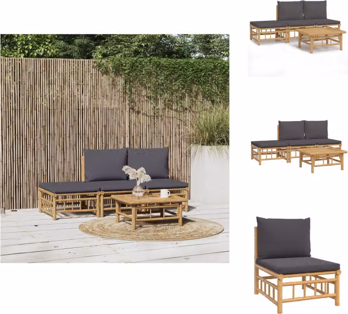 vidaXL Set di 4 pezzi per salotto da giardino con cuscini in bambù grigio scuro - Set di mobili da giardino