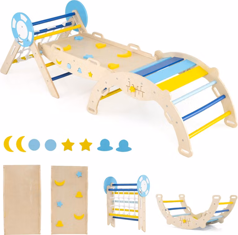 COSTWAY Set di 3 strutture per arrampicata da interno, triangolo pieghevole con scivolo, arco per arrampicata, rampa doppia e set di mattoncini, per bambini dai 1+ anni