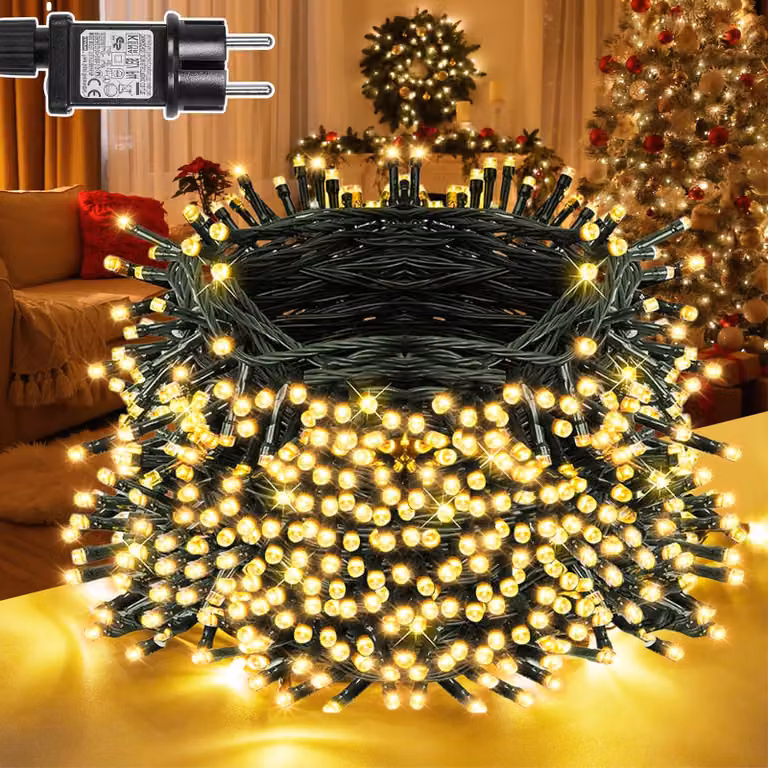 Catena luminosa da 20 metri, con 200 LED, luce bianco caldo, timer, 8 modalità, impermeabile