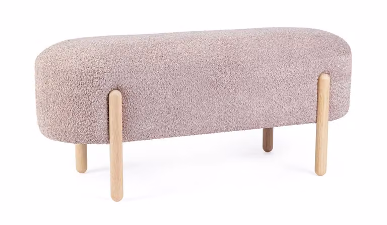 Panca DAYLA in tessuto effetto bouclé rosa antico e gambe in legno rubberwood