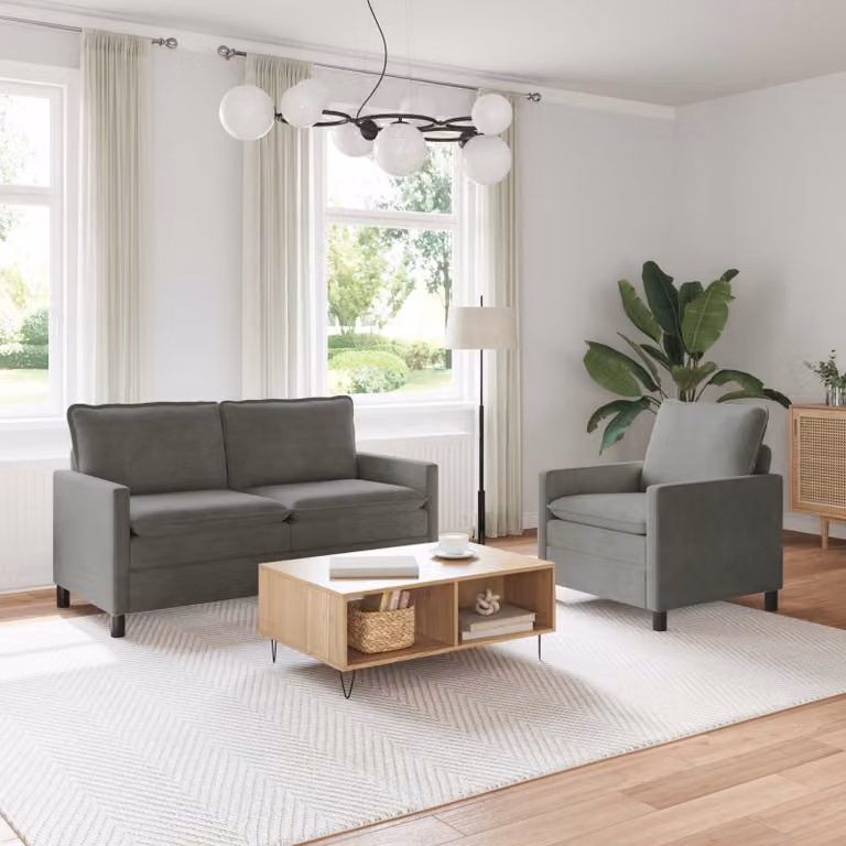 Set di 2 divani moderni vidaXL in tessuto grigio con struttura in metallo e cuscini inclusi