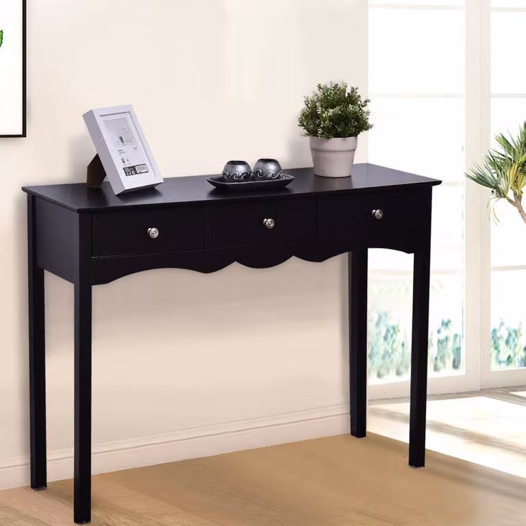 Costway Consolle scrivania da trucco con 3 cassetti, Tavolo vintage multifunzione in MDF per casa ufficio Nero