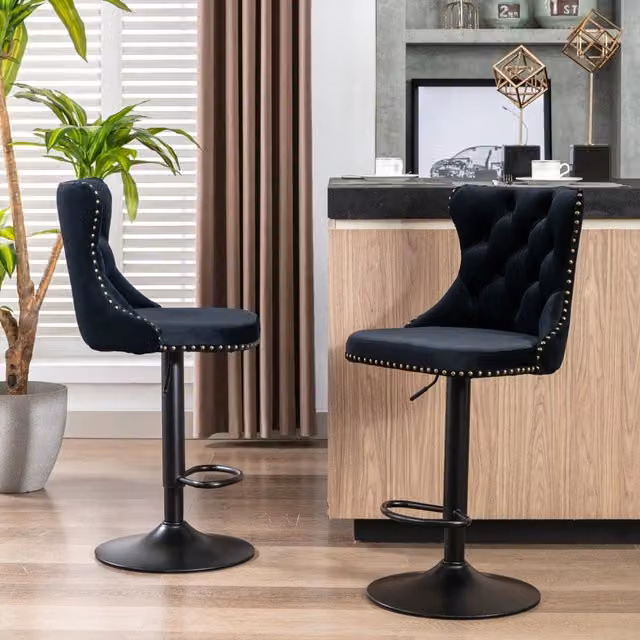 Sgabello da bar OKWISH girevole a 360 gradi con schienale e supporto lombare, seduta imbottita in velluto nero e struttura in metallo