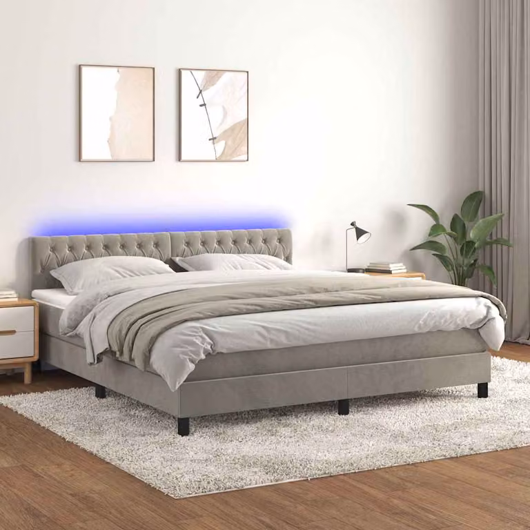 Letto Ibrido vidaXL con Materasso e Illuminazione LED in Velluto Grigio L/P: 180 x 200 cm