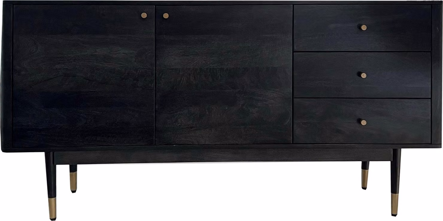 WOHNLING Credenza 160x81x42 cm in legno massiccio d'acacia Cassettiera alta nera Cassettiera moderna con 2 ante e 3 cassetti Credenza