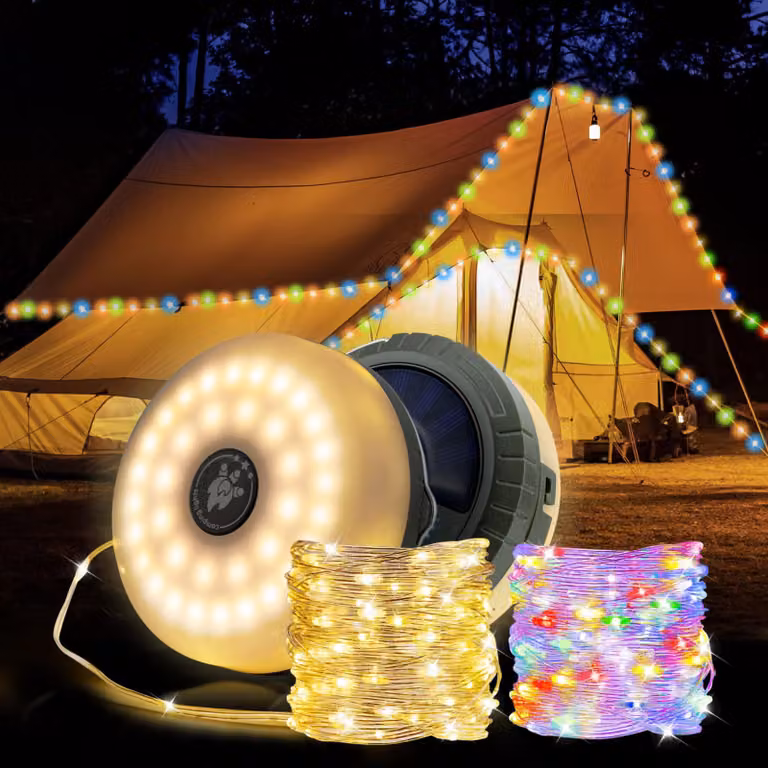 Catena luminosa solare per campeggio, 10 metri, con connettore USB-C, 5 modalità, LED, ideale per balconi e terrazze