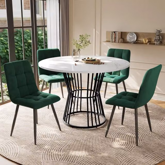 Set da pranzo 5 pezzi: tavolo rotondo Ø100 cm, piano MDF bianco, gambe metallo nere + 4 sedie in velluto verde