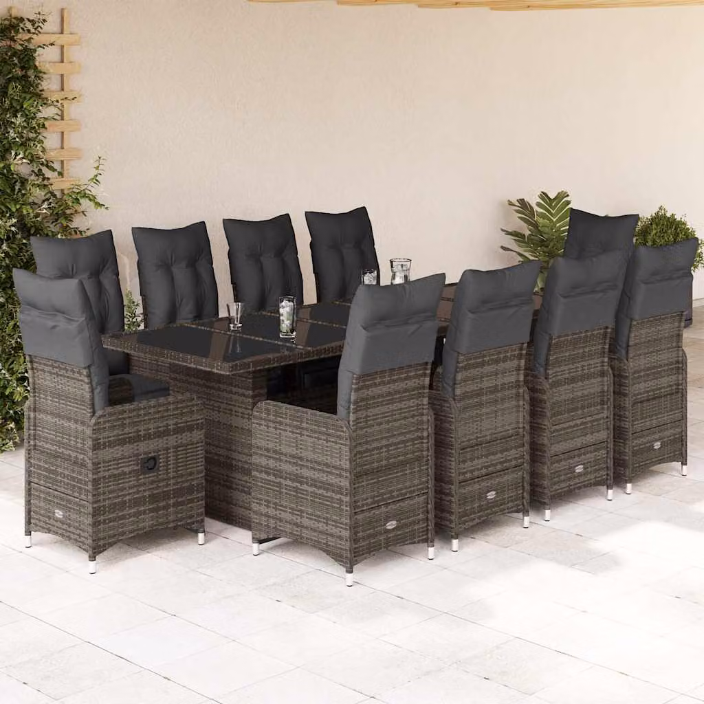 Set Bistrò da Giardino e Balcone vidaXL 11 pz in Polyrattan e Metallo con Cuscini Grigio