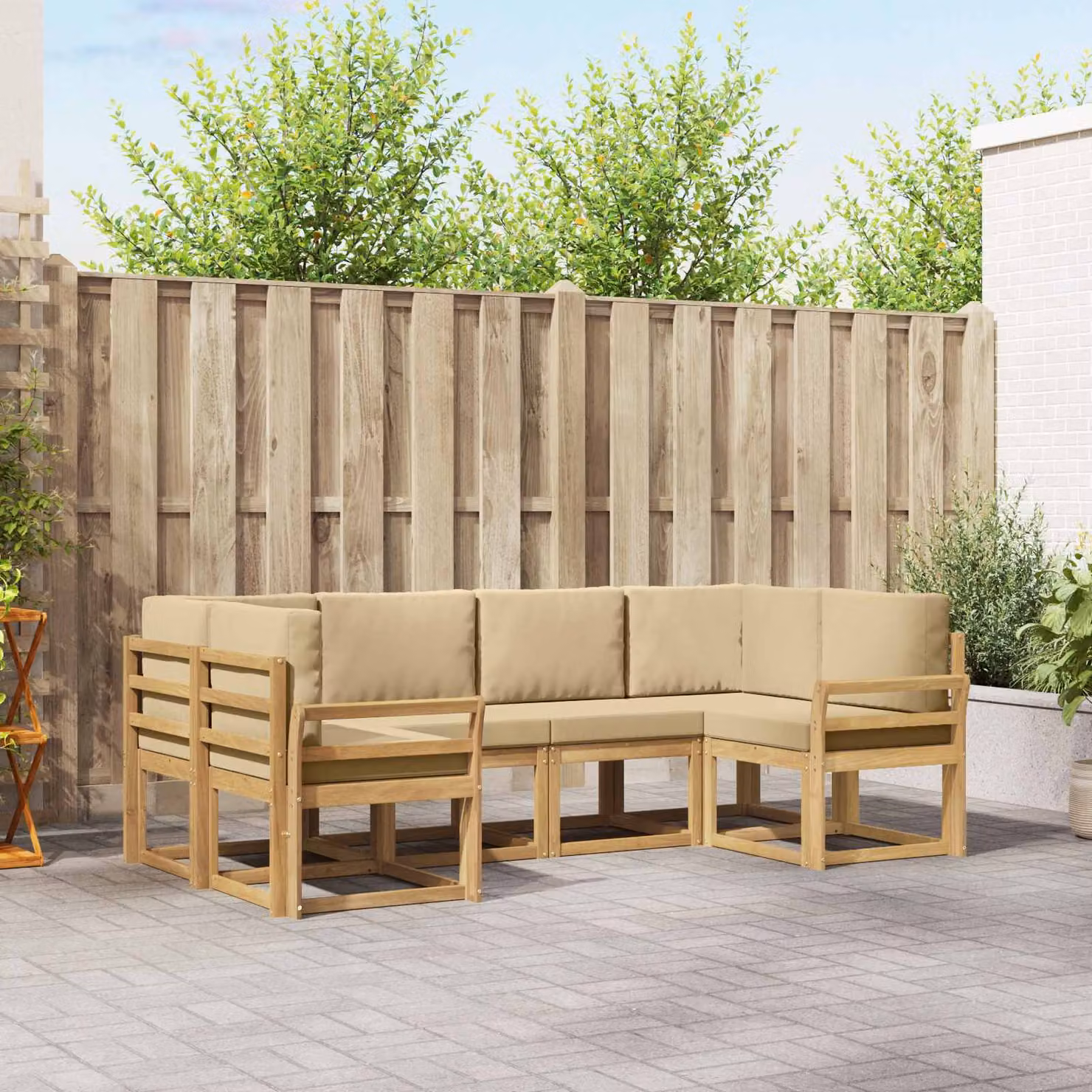 Set di divani da esterno vidaXL a forma di L composto da 6 pezzi in legno di acacia con cuscini, Bianco e Beige