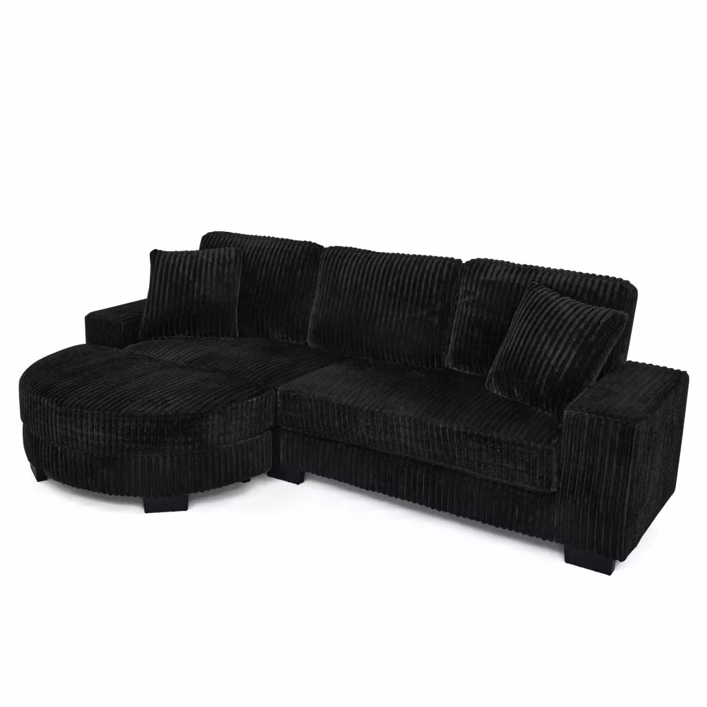 Divano angolare reversibile Chicfurn a 4 posti in velluto a coste nero con pouf e cuscini, L 256,5 x P 89 x H 71 cm, Altezza seduta: 40 cm – 2