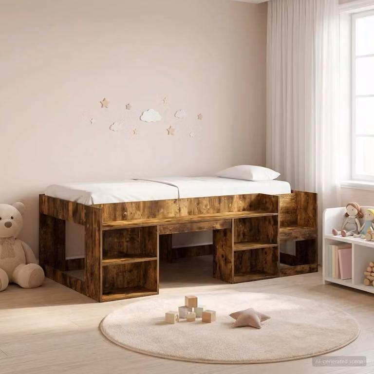 Letto singolo rialzato per bambini vidaXL con ripostiglio e scomparti laterali in legno marrone, H: 203 cm, L: 120 cm, P: 80 x 200 cm