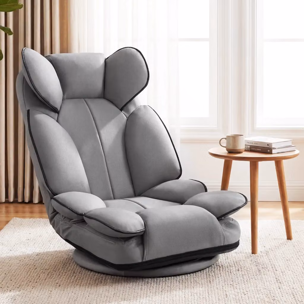 Poltrona da pavimento pieghevole e girevole a 360 gradi con design ergonomico e imbottitura in tessuto, ideale per soggiorno, studio o camera da letto, Grigio – 2