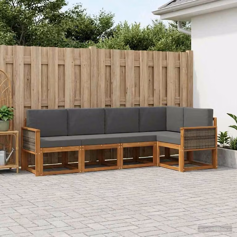 Set di divani da esterno vidaXL a forma di L composto da 5 pezzi in legno di acacia con cuscini in poliestere beige e antracite