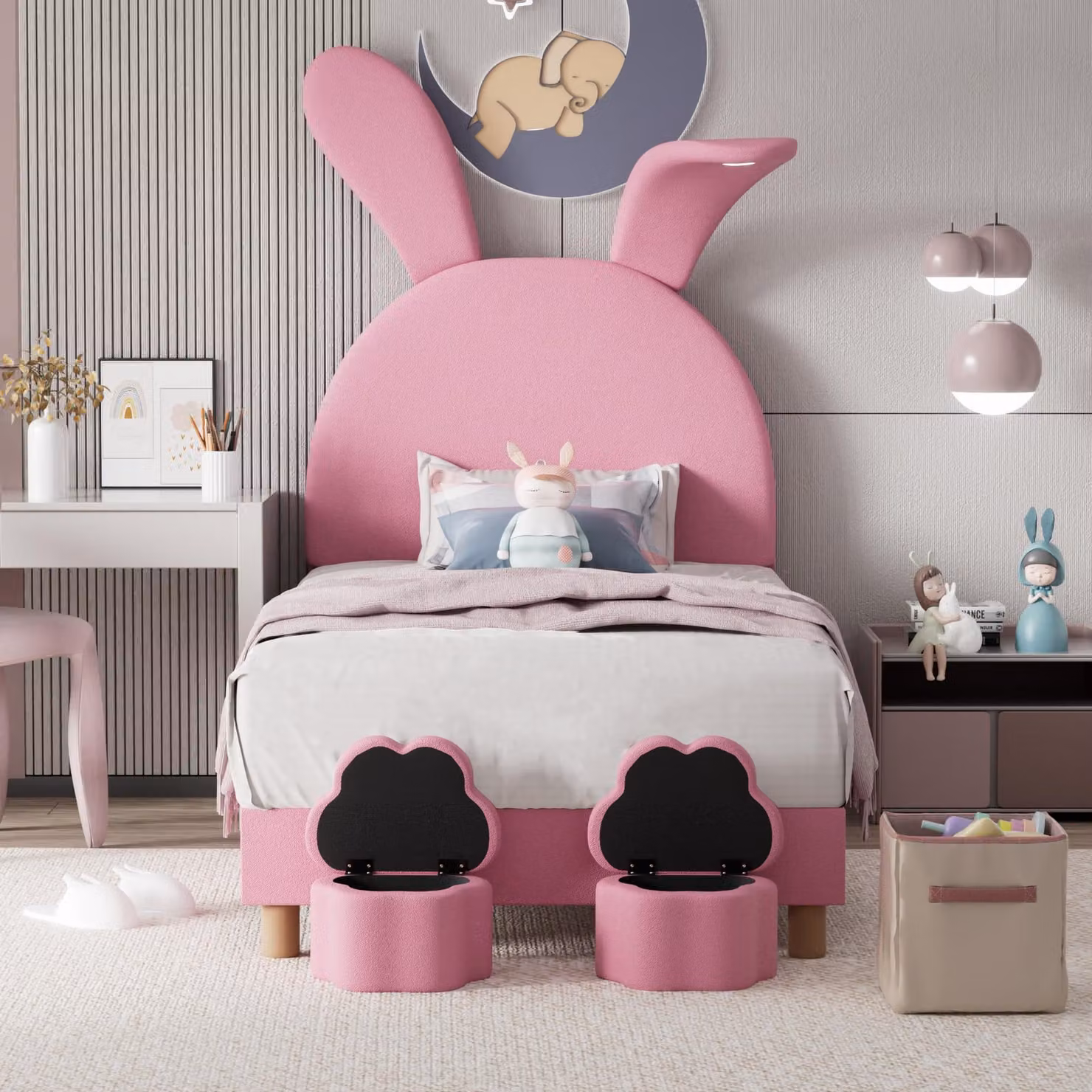 Letto imbottito 90 x 200 con rivestimento in velluto, dotato di 2 poggi piedi contenitori e illuminazione LED – Letto per ragazzi con orecchie a forma di coniglio pieghevoli e rete a doghe, struttura in rosa