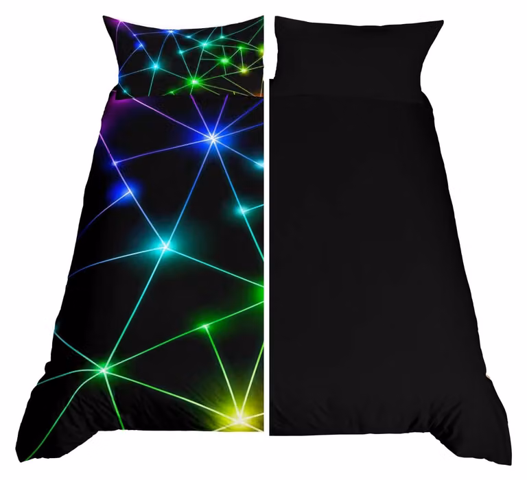 Set di lenzuola per piumino a due piazze - Motivo: triangoli retrò - Colori: verde, blu, nero