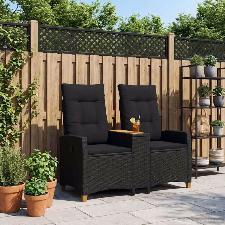 Panchina reclinabile con tavolo vidaXL in rattan e metallo nera per giardino e terrazzo L: 126 cm, P: 65 cm, H: 112 cm