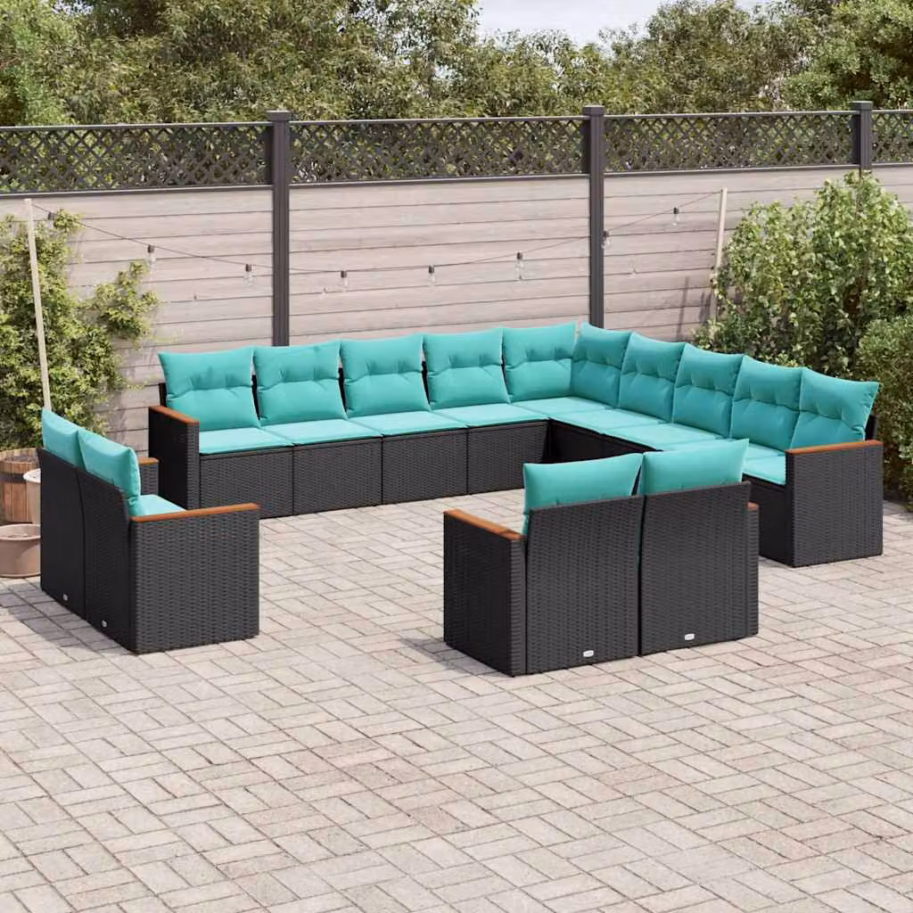 Set di divani da giardino vidaXL a forma di U in rattan con cuscini, nero e turchese