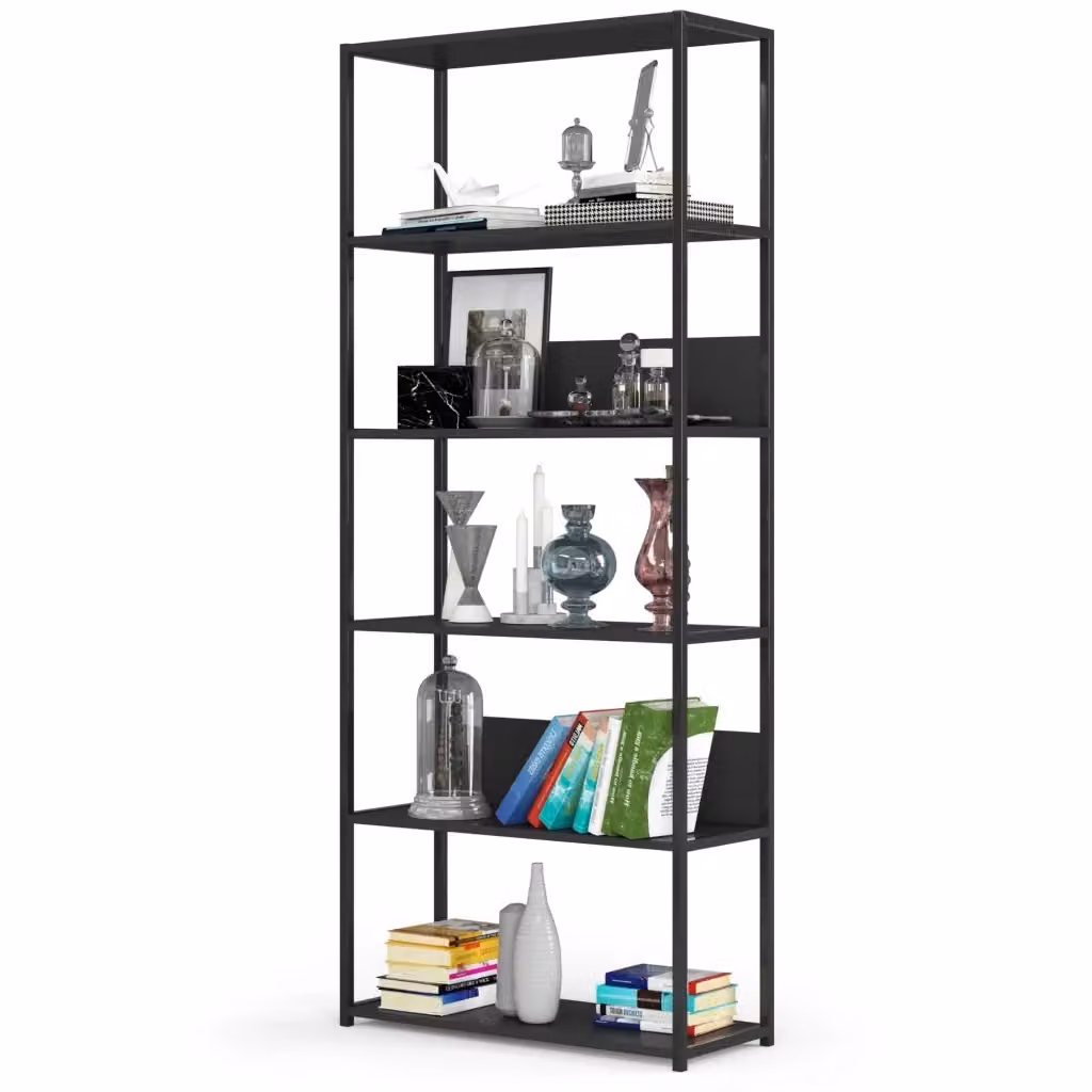 Scaffale Loft Akord in stile industrial con ripiani in legno e struttura in metallo, Nero, L 80 x P 32 x H 192 cm – 2