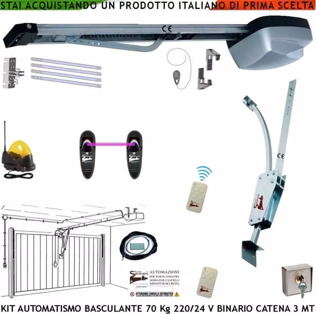 Kit Automazione Securvera per Porta Basculante da Soffitto 70 Kg, Colore Grigio, con Binario in Alluminio, Catena in Acciaio da 3 Metri e 2 Radiocomandi