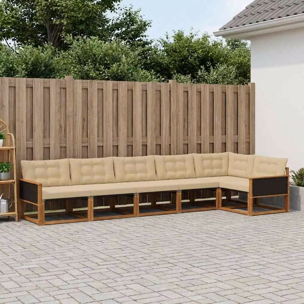 Set di divani da esterno vidaXL a forma di L composto da 6 pezzi in legno di acacia con cuscini beige e marrone