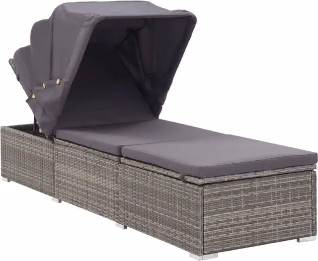 Lettino prendisole in polyrattan grigio con tettuccio parasole e cuscino regolabile per giardino e terrazzo